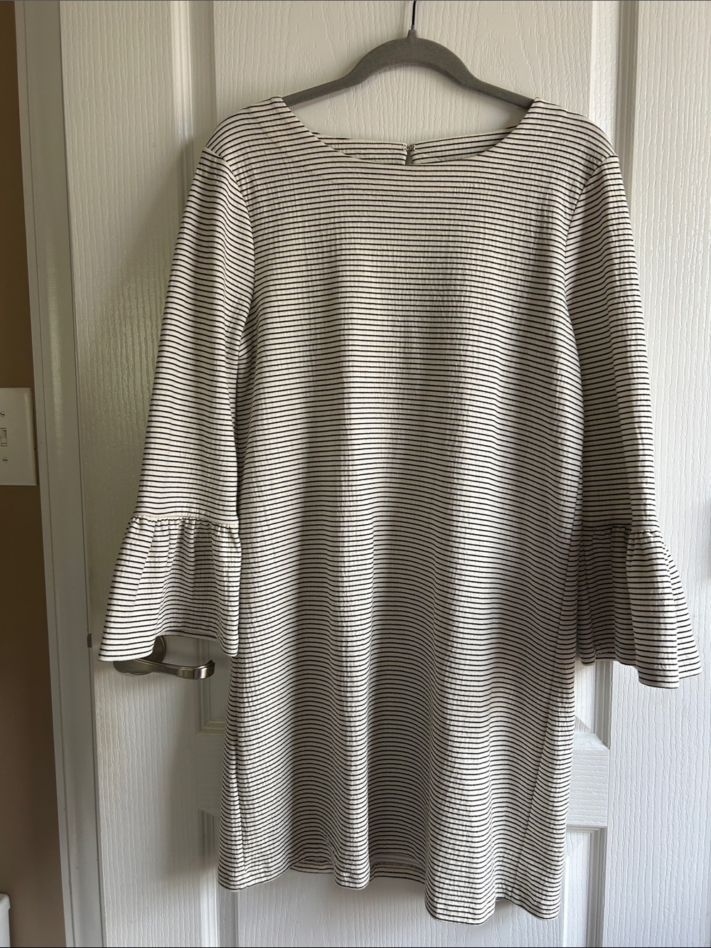 J. Crew Black and White Striped Bell-Sleeve Shift Dress